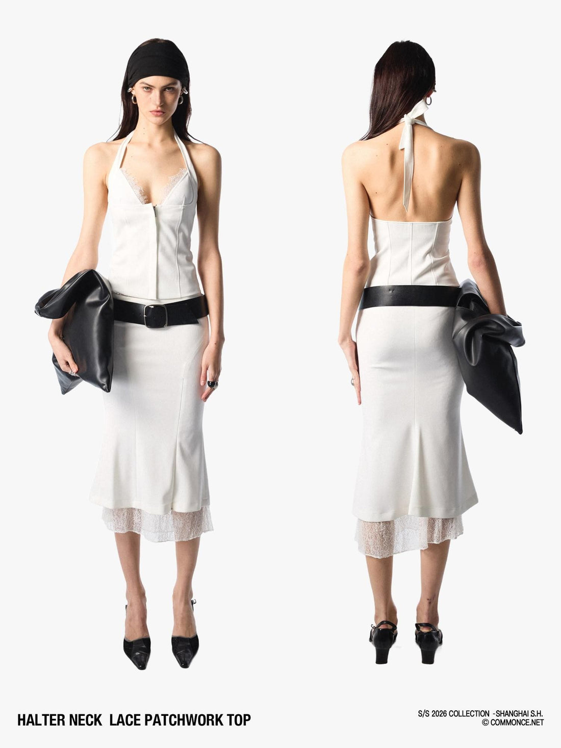 commonce net Cropped Lace Splice Cinch Waist V-neck Tie Faux Two Piece Women&