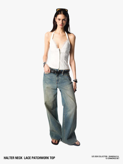 commonce net Cropped Lace Splice Cinch Waist V-neck Tie Faux Two Piece Women&