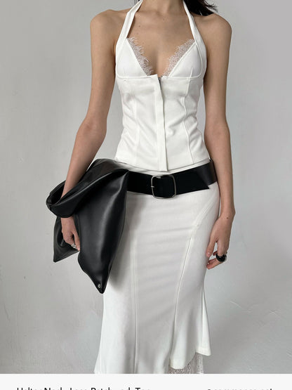commonce net Cropped Lace Splice Cinch Waist V-neck Tie Faux Two Piece Women&