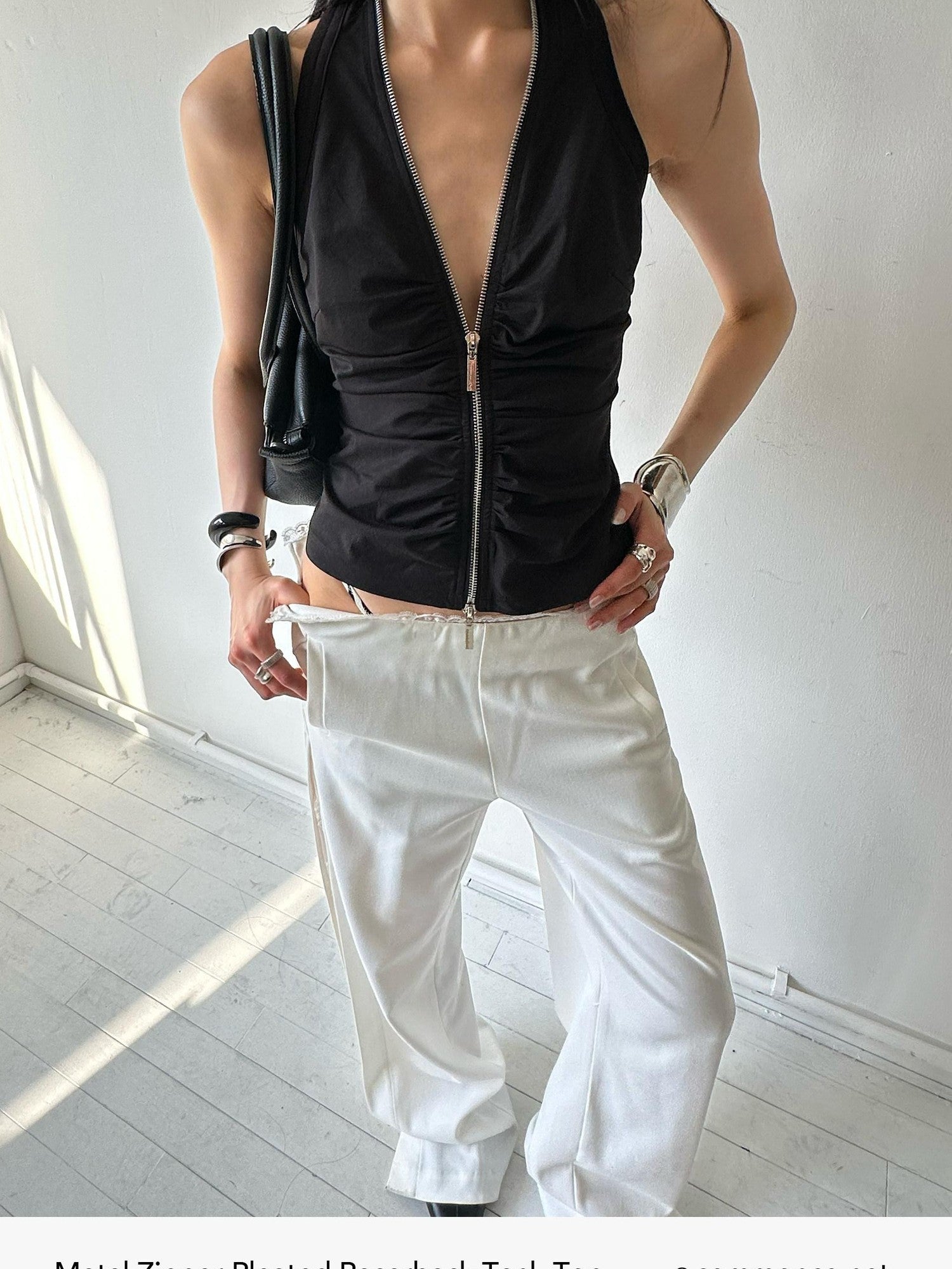 commonce net Cropped Pleated Double Metal Zipper Racerback Women&