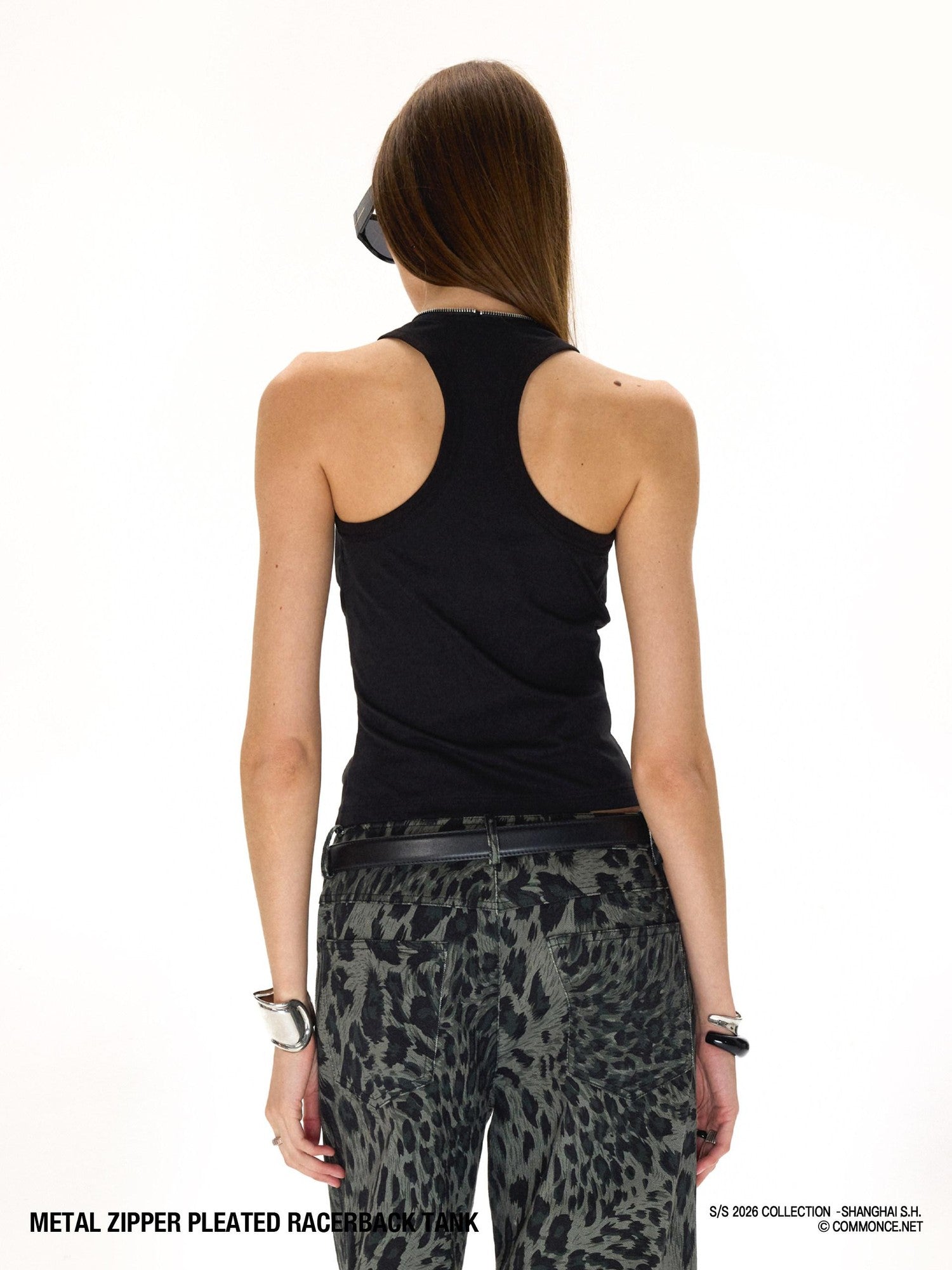 commonce net Cropped Pleated Double Metal Zipper Racerback Women&