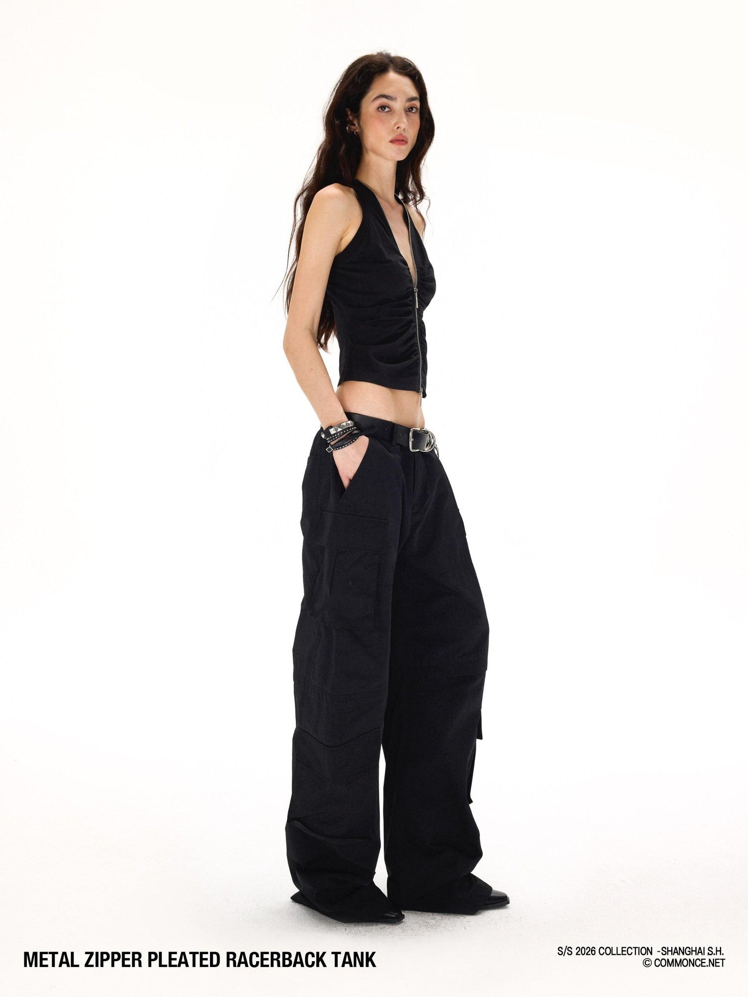commonce net Cropped Pleated Double Metal Zipper Racerback Women&