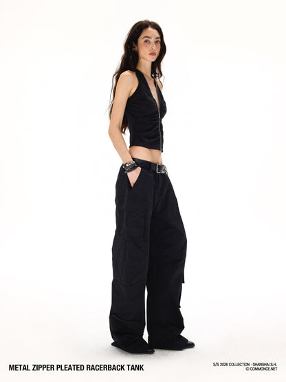 commonce net Cropped Pleated Double Metal Zipper Racerback Women&
