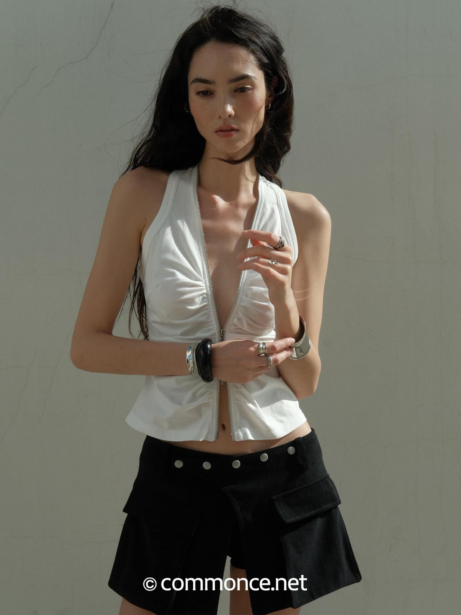 commonce net Cropped Pleated Double Metal Zipper Racerback Women&