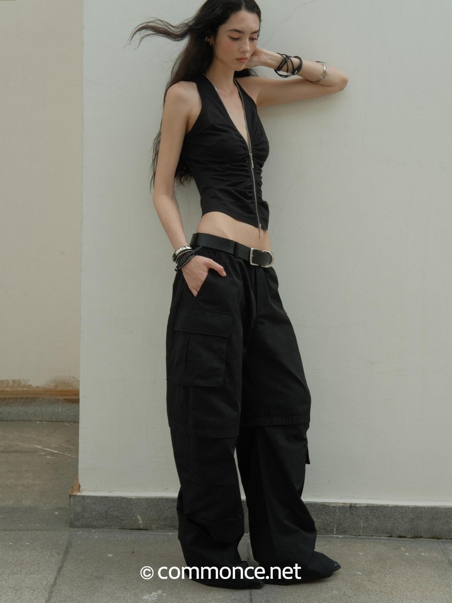 commonce net Cropped Pleated Double Metal Zipper Racerback Women&