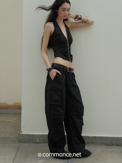 commonce net Cropped Pleated Double Metal Zipper Racerback Women&