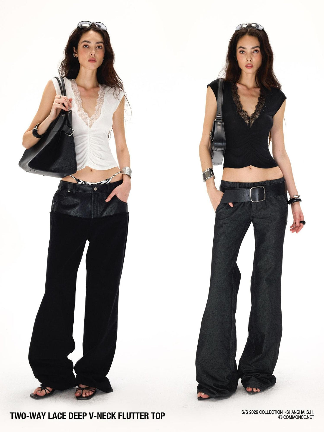 commonce net Dark Lace Reversible Deep V-neck Short Sleeve Women&
