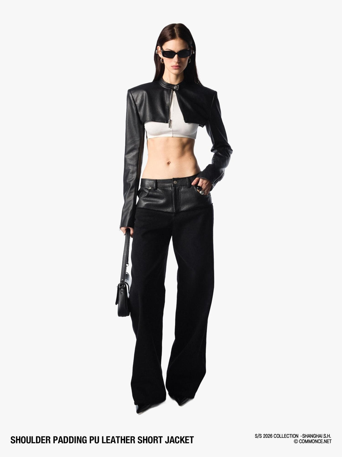 commonce net Dark Padded Shoulders Stand Collar Zipper Women&