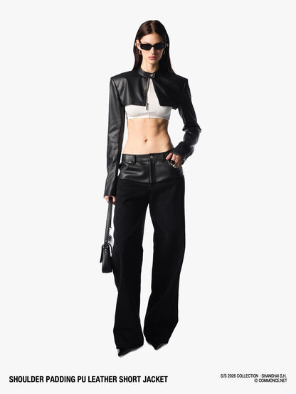commonce net Dark Padded Shoulders Stand Collar Zipper Women&