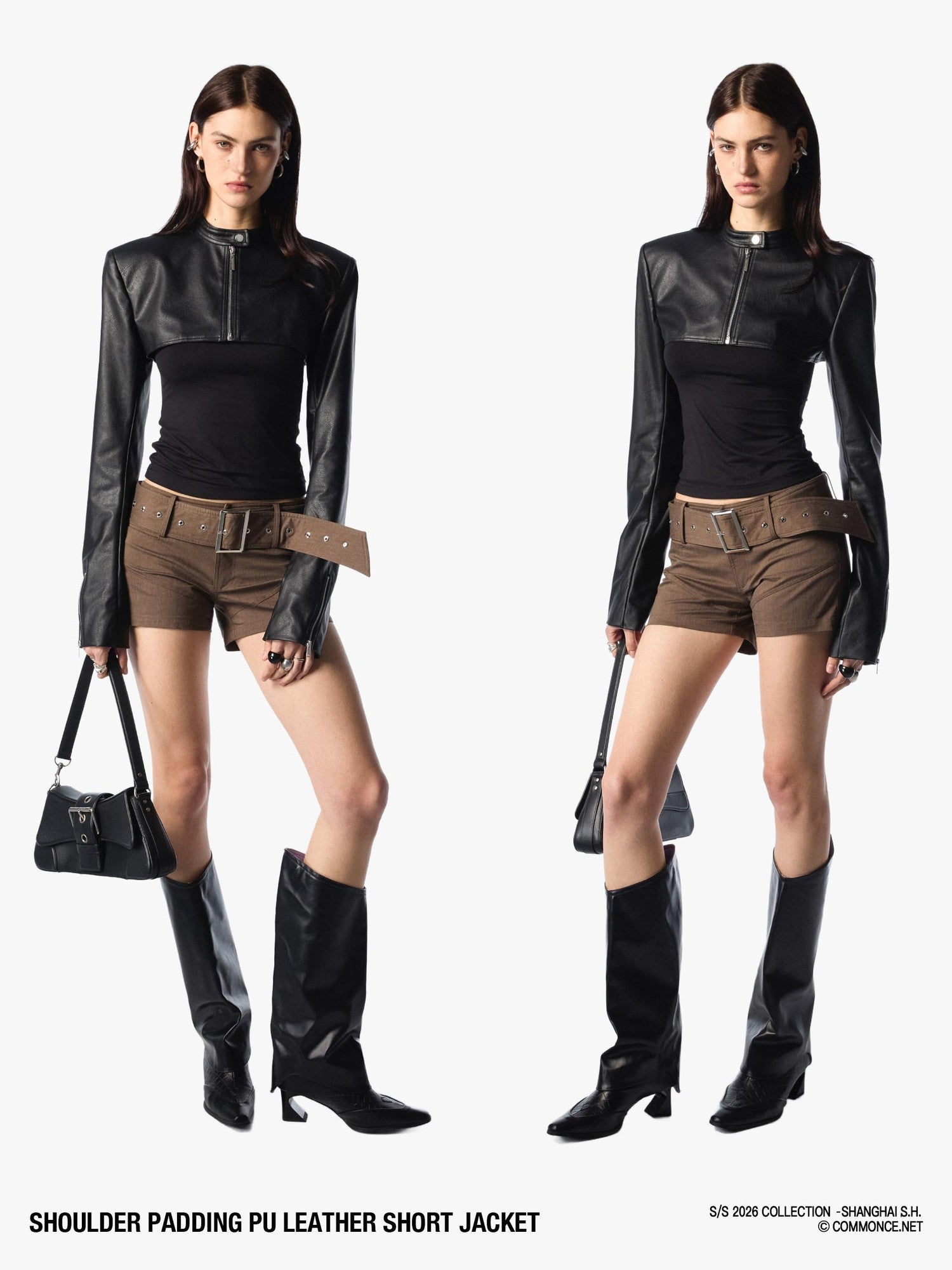 commonce net Dark Padded Shoulders Stand Collar Zipper Women&