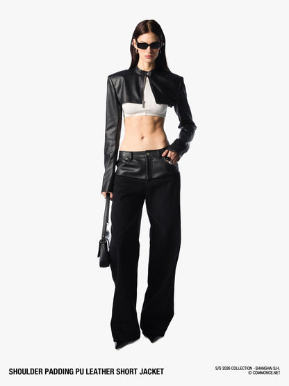 commonce net Dark Padded Shoulders Stand Collar Zipper Women&