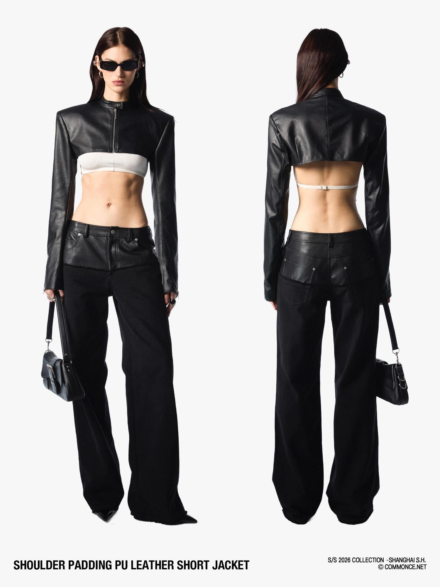 commonce net Dark Padded Shoulders Stand Collar Zipper Women&