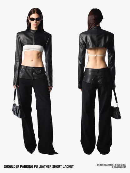 commonce net Dark Padded Shoulders Stand Collar Zipper Women&