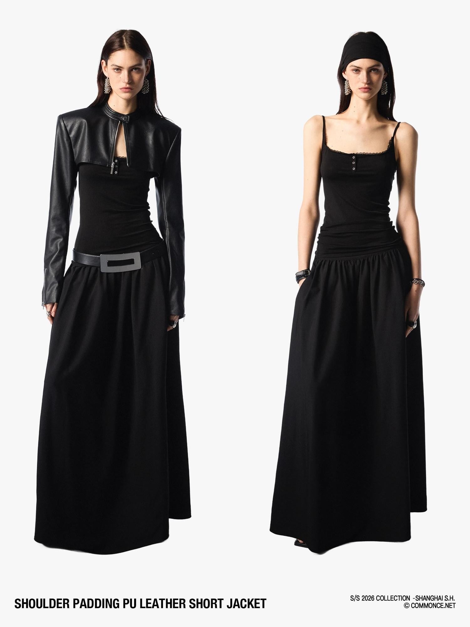 commonce net Dark Padded Shoulders Stand Collar Zipper Women&
