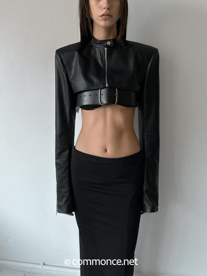 commonce net Dark Padded Shoulders Stand Collar Zipper Women&