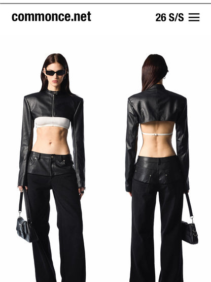 commonce net Dark Padded Shoulders Stand Collar Zipper Women&