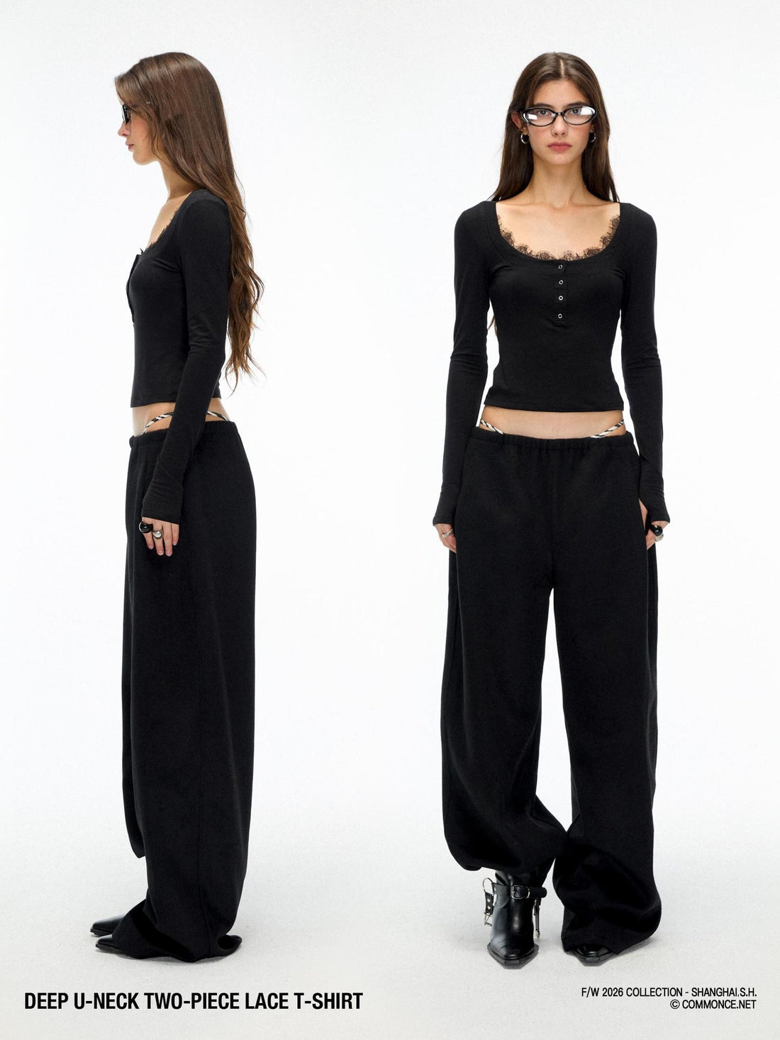 commonce net Deep U Neck Lace Splicing Faux Two Piece Women&