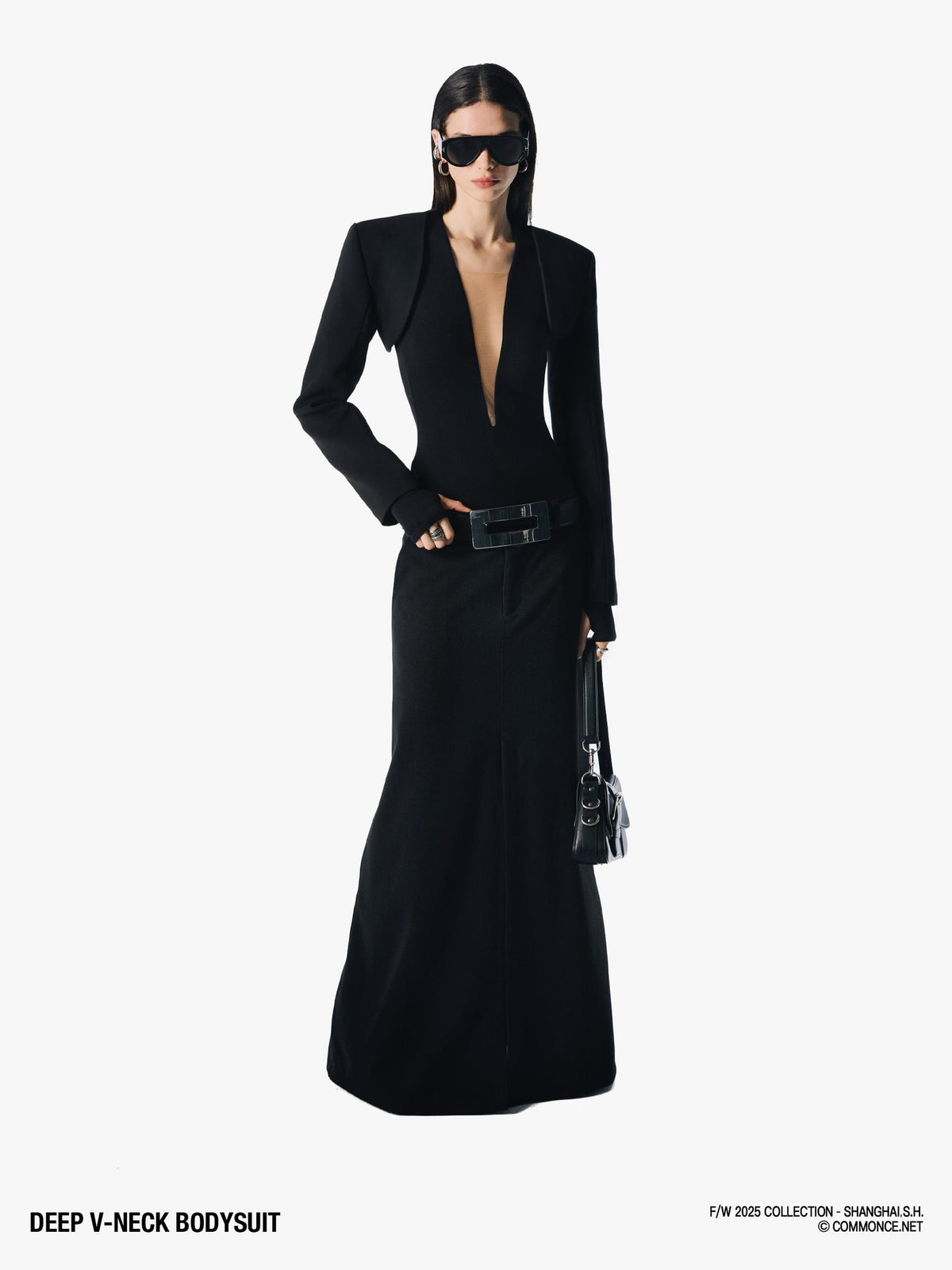 commonce net Deep V-neck Mesh Panel Low Waist Women&
