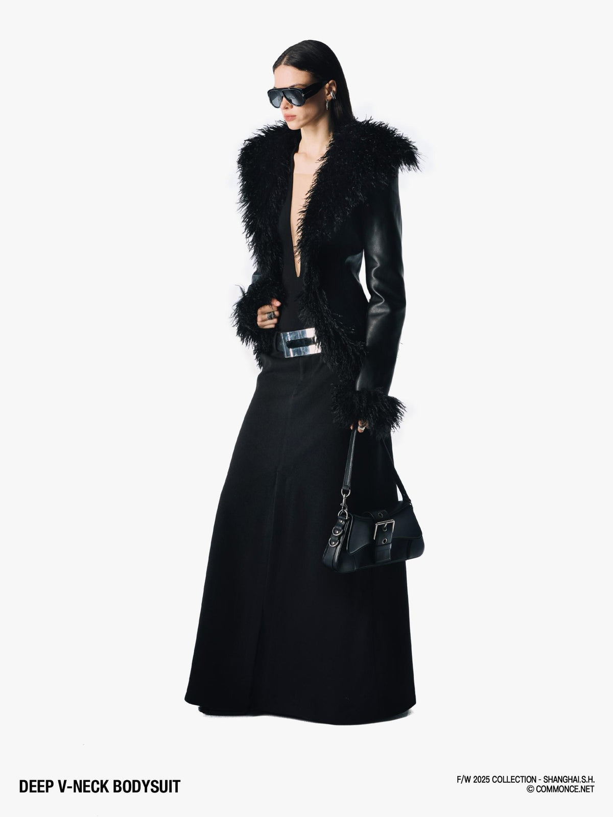 commonce net Deep V-neck Mesh Panel Low Waist Women&