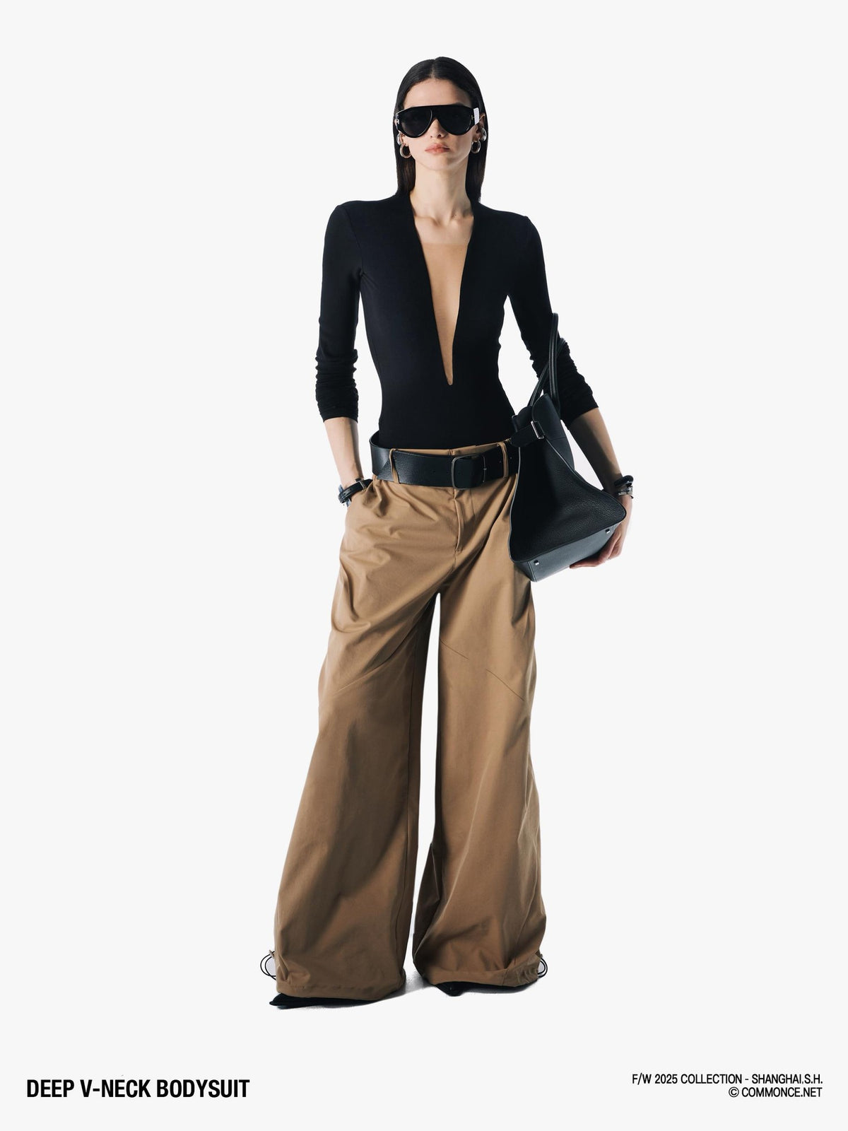 commonce net Deep V-neck Mesh Panel Low Waist Women&