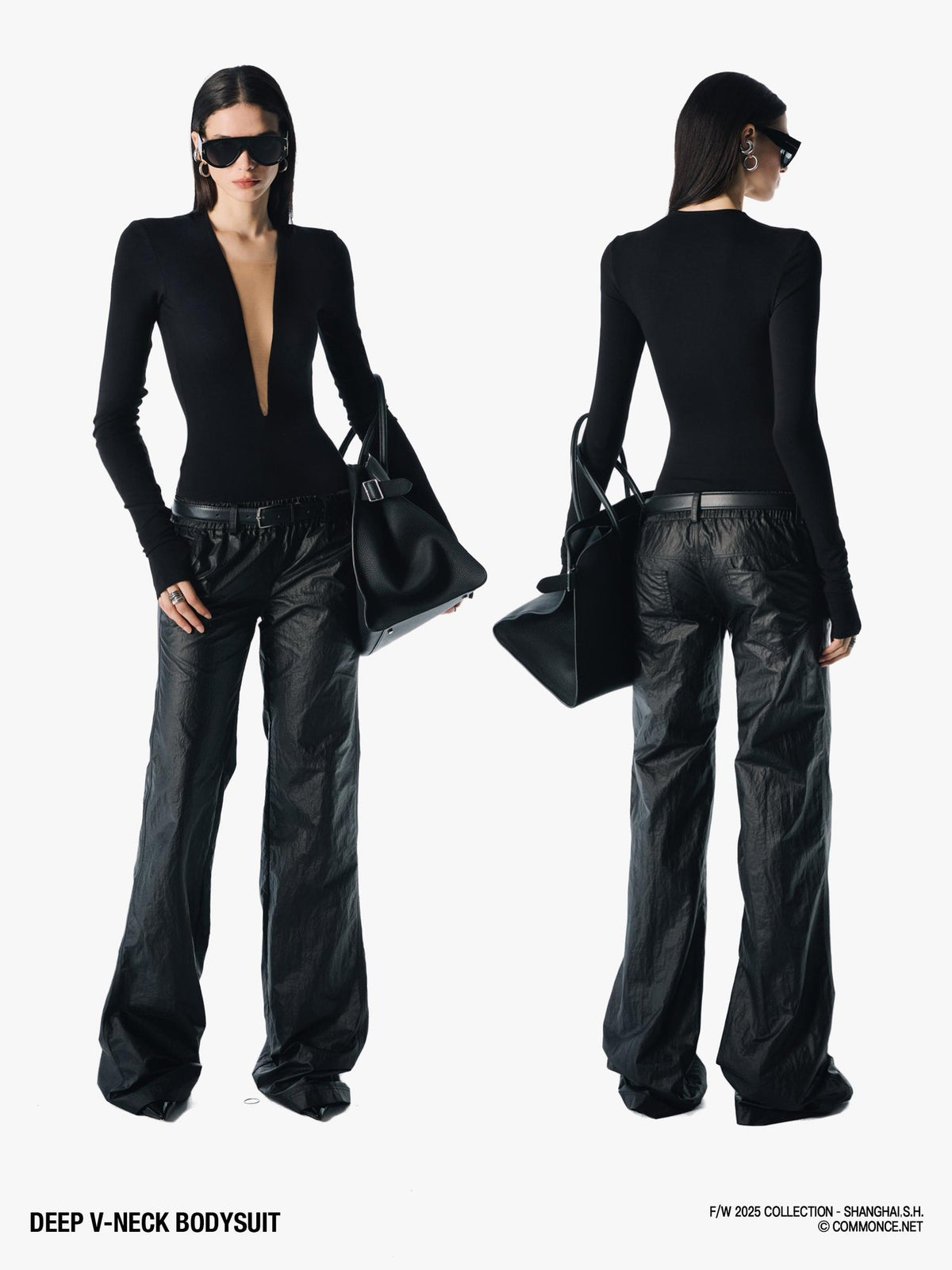 commonce net Deep V-neck Mesh Panel Low Waist Women&