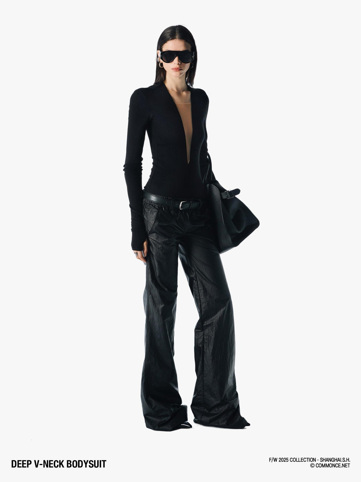commonce net Deep V-neck Mesh Panel Low Waist Women&