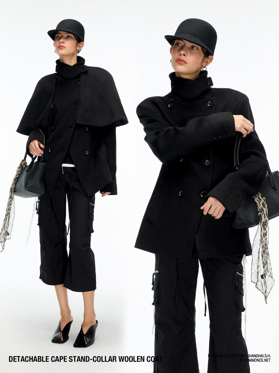 commonce net Detachable Cape Stand Collar Double Breasted Women&