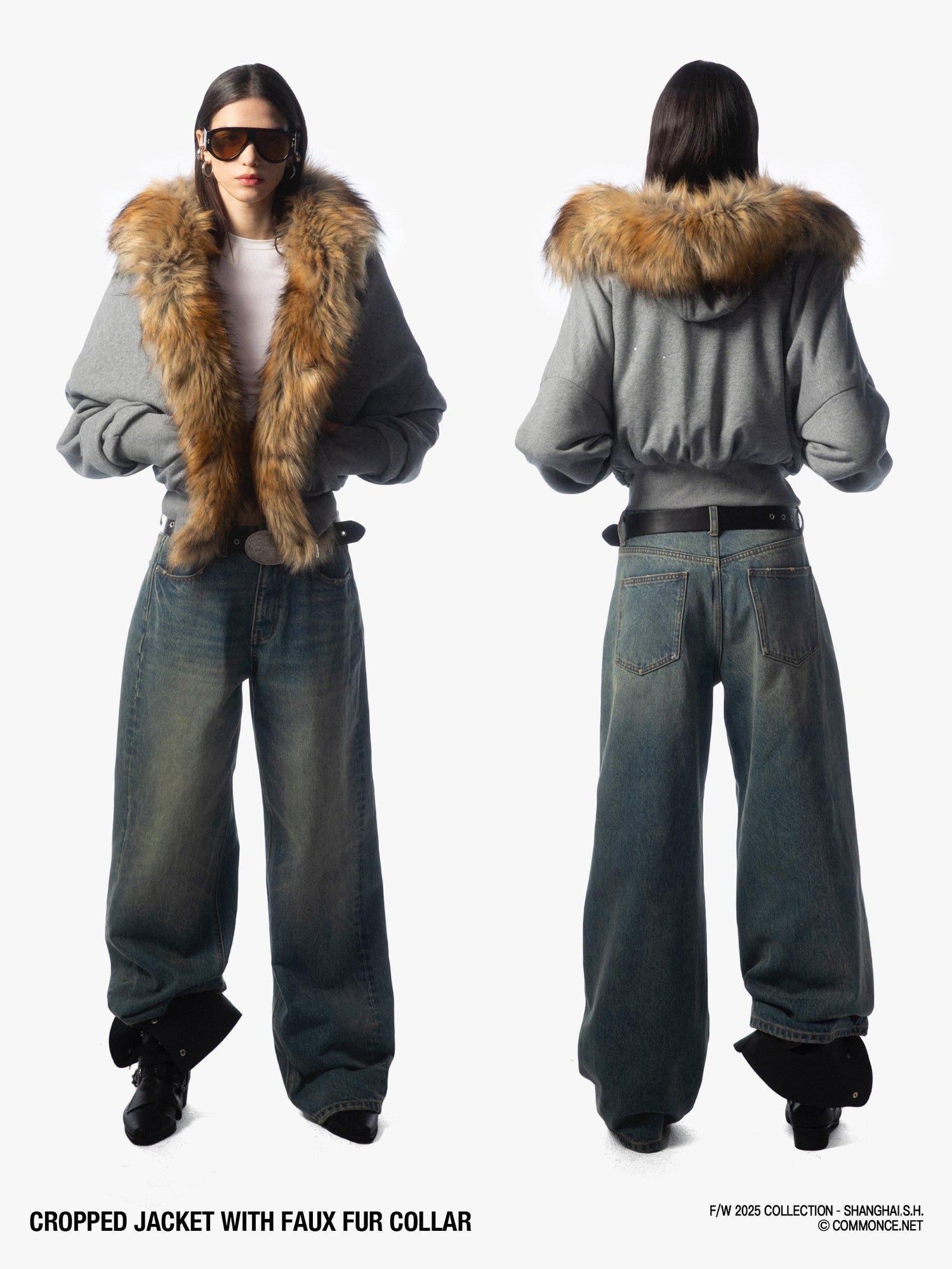 commonce net Detachable Fur Collar Fleece Lined Short Women&