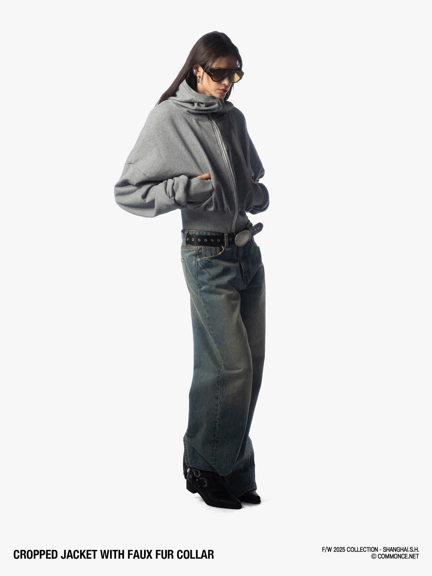 commonce net Detachable Fur Collar Fleece Lined Short Women&