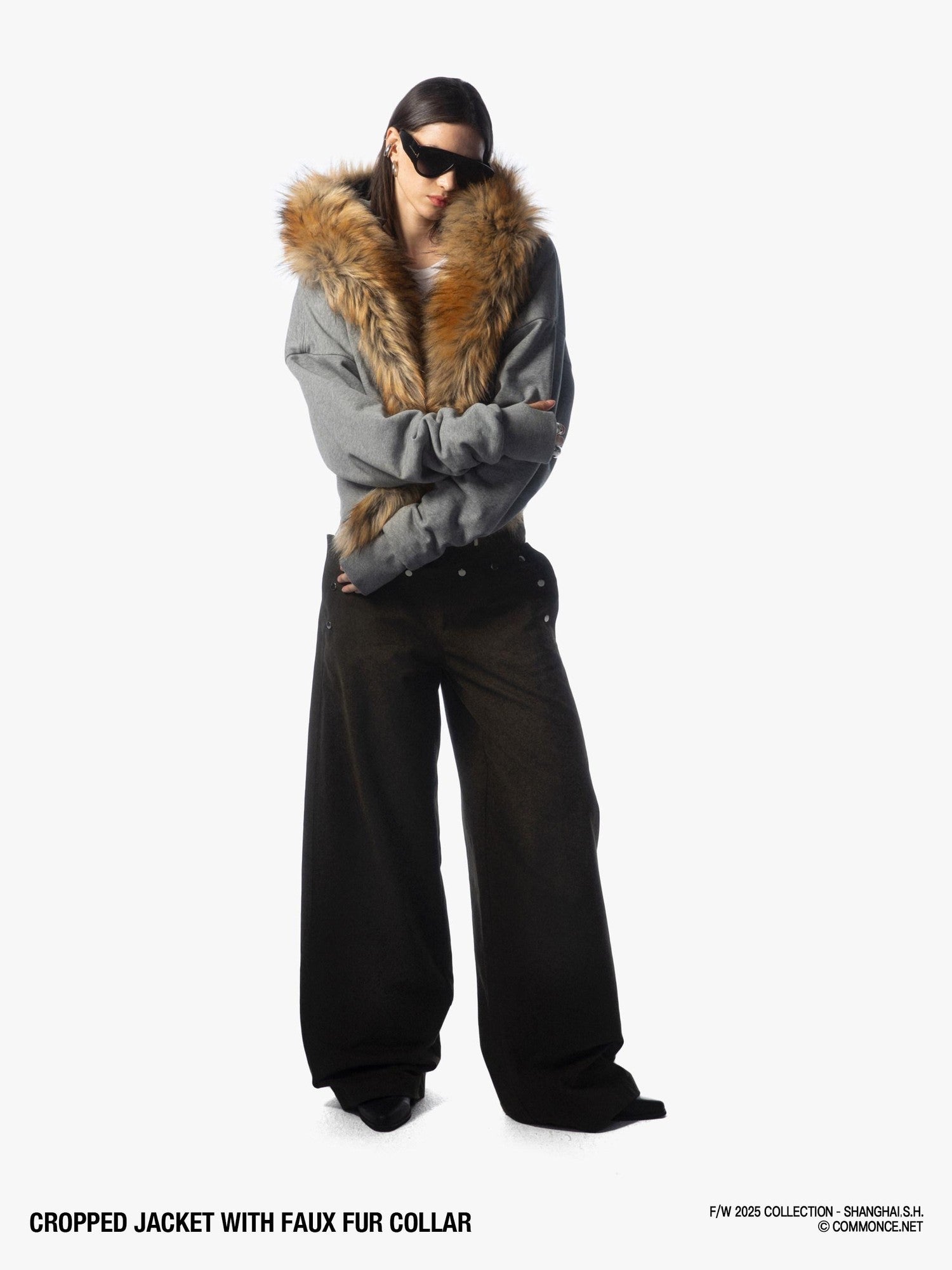 commonce net Detachable Fur Collar Fleece Lined Short Women&