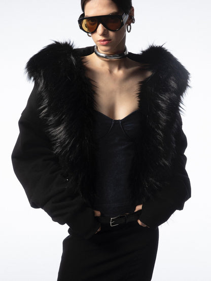 commonce net Detachable Fur Collar Fleece Lined Short Women&