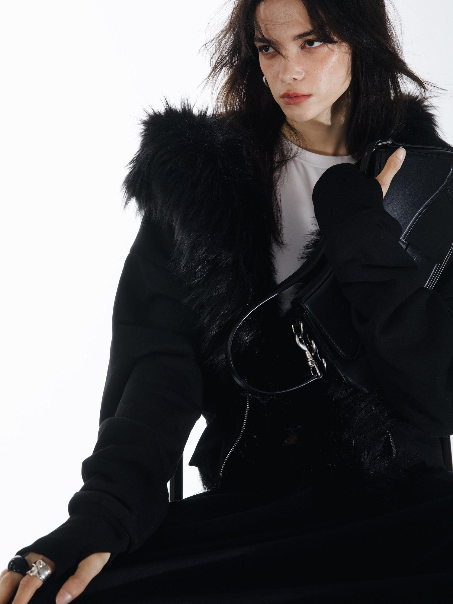 commonce net Detachable Fur Collar Fleece Lined Short Women&
