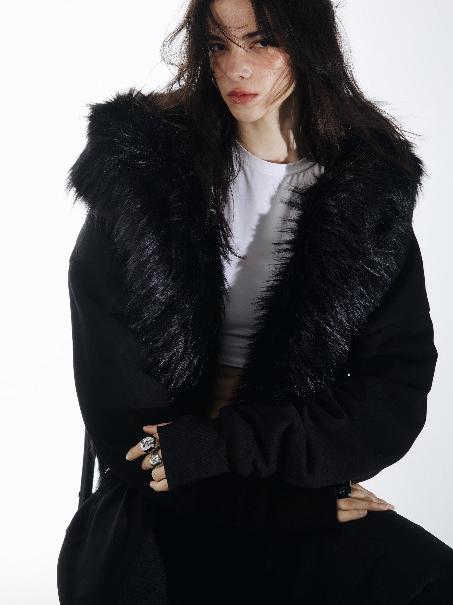 commonce net Detachable Fur Collar Fleece Lined Short Women&