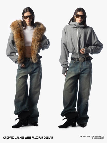 commonce net Detachable Fur Collar Fleece Lined Short Women&