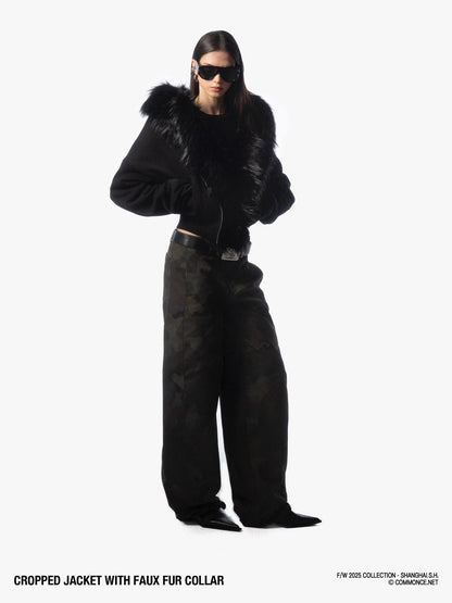 commonce net Detachable Fur Collar Fleece Lined Short Women&