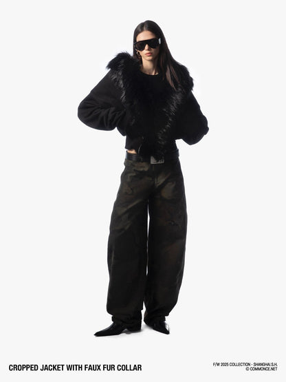 commonce net Detachable Fur Collar Fleece Lined Short Women&