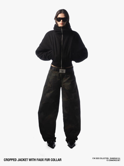 commonce net Detachable Fur Collar Fleece Lined Short Women&