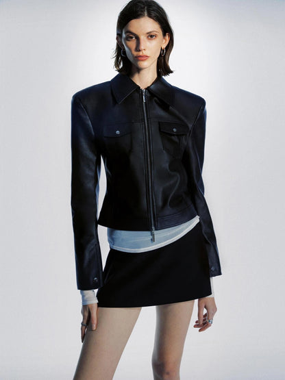 Detachable Fur Collar Multi Pocket Pu Leather Jacket