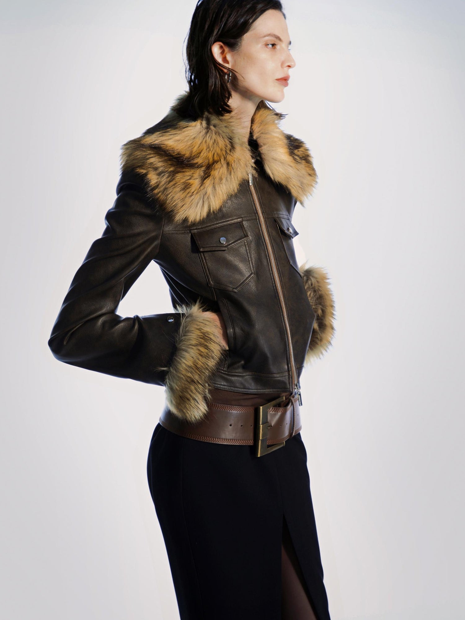 commonce net Detachable Fur Collar Multi Pocket Pu Leather Jacket