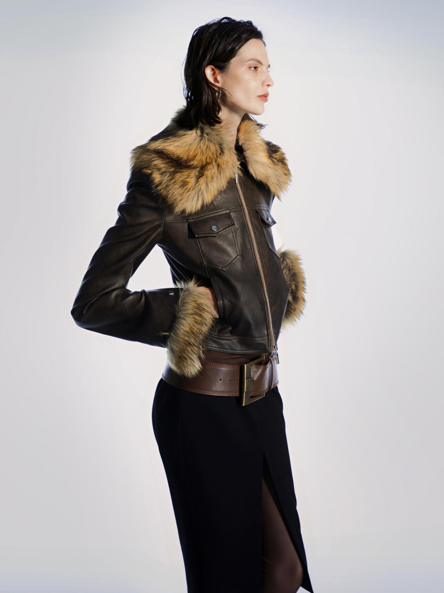 commonce net Detachable Fur Collar Multi Pocket Pu Leather Jacket