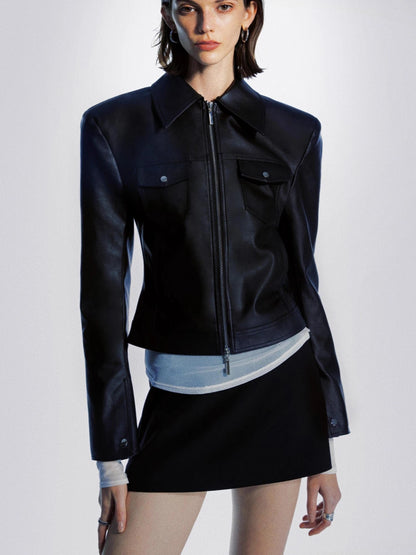 Detachable Fur Collar Multi Pocket Pu Leather Jacket