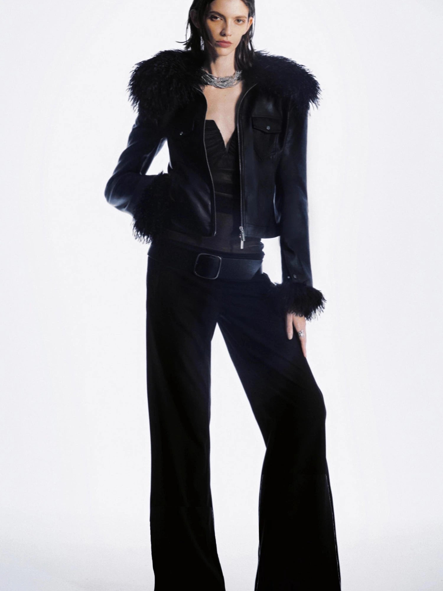 Detachable Fur Collar Multi Pocket Pu Leather Jacket