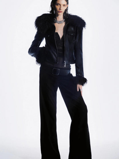 Detachable Fur Collar Multi Pocket Pu Leather Jacket
