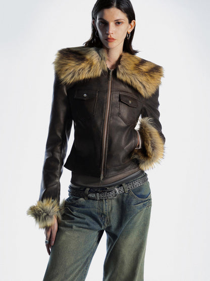 commonce net Detachable Fur Collar Multi Pocket Pu Leather Jacket