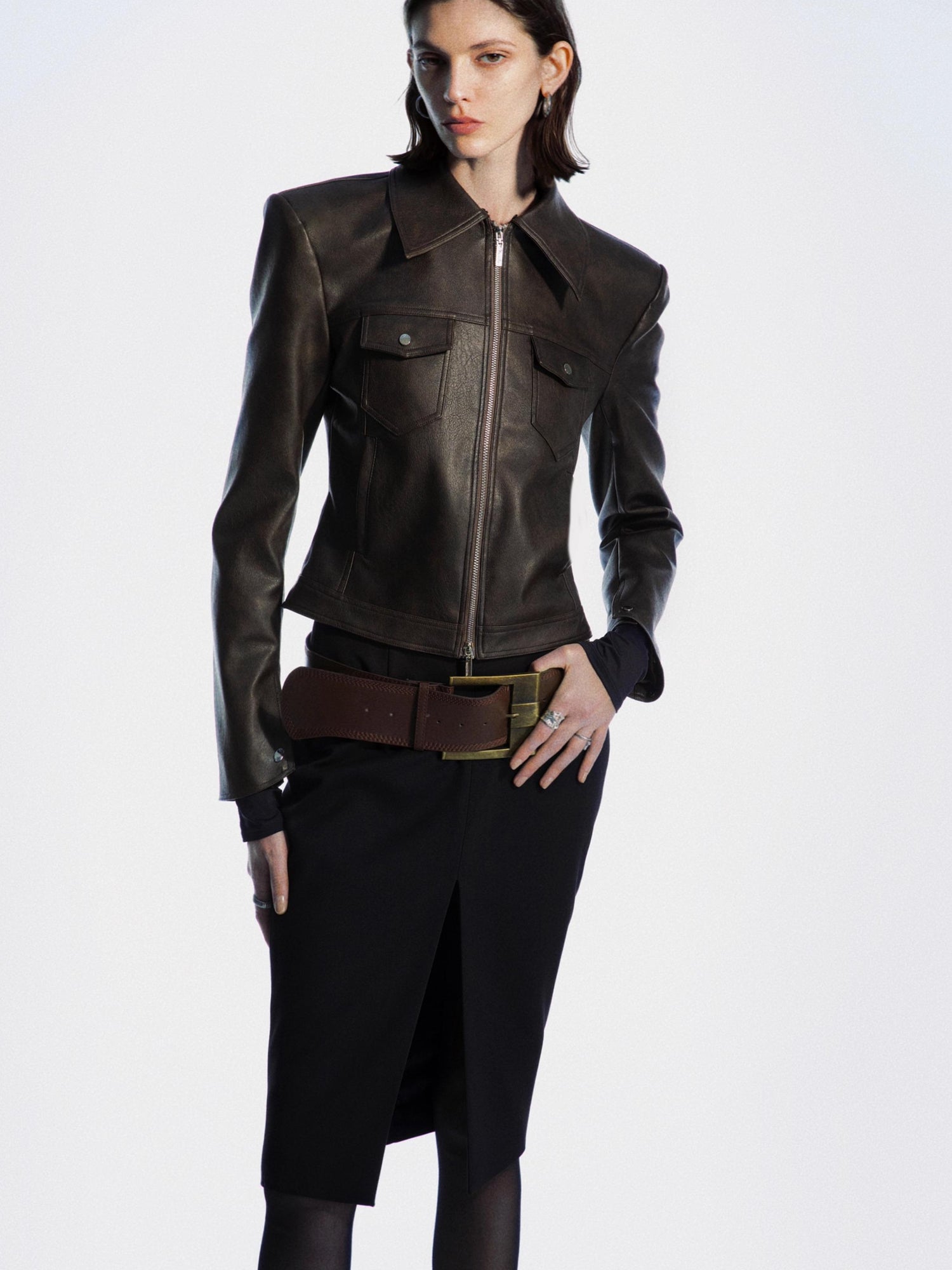 commonce net Detachable Fur Collar Multi Pocket Pu Leather Jacket