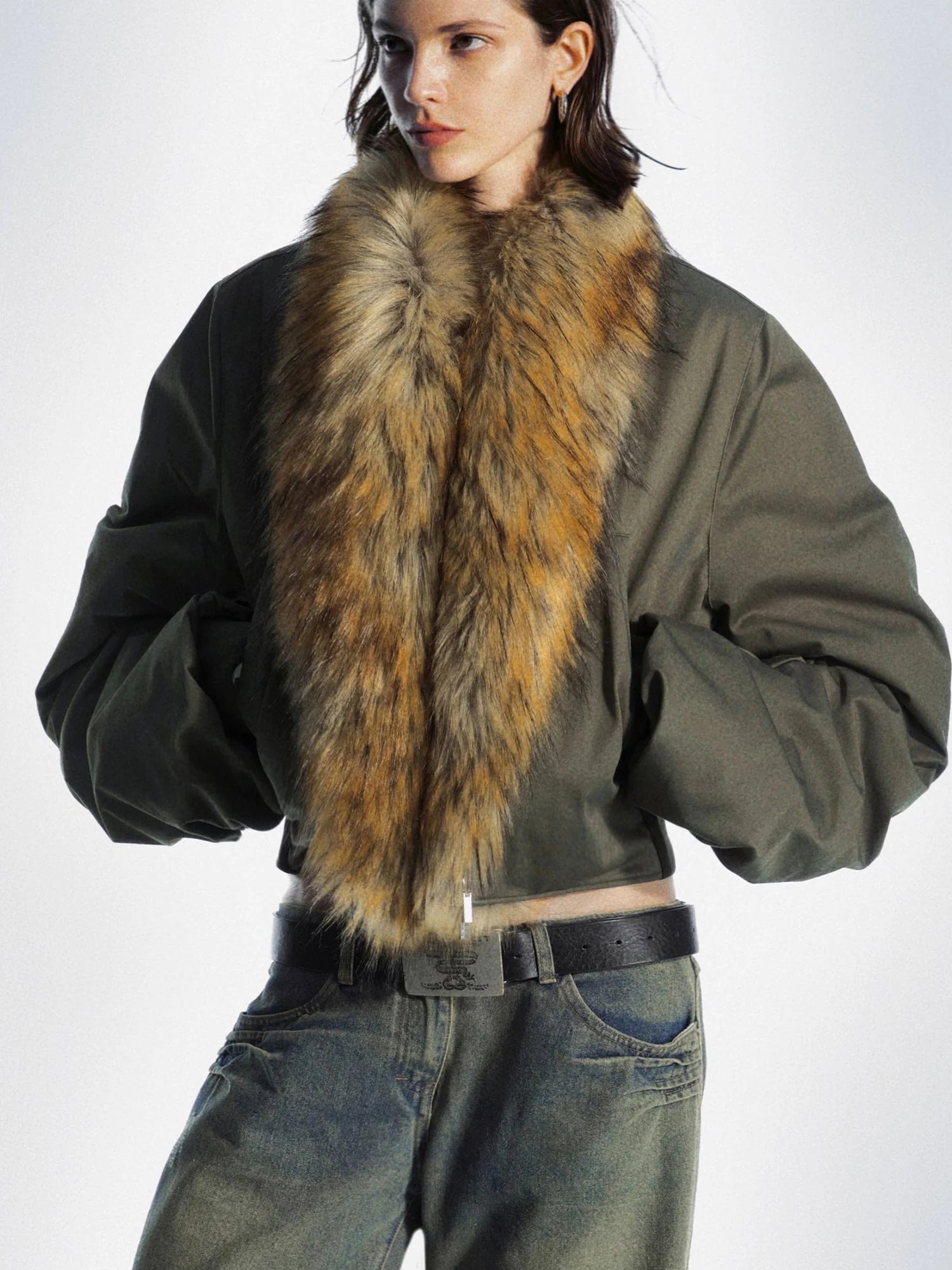 Detachable Fur Collar Pleated Quilted Bomber Jacket