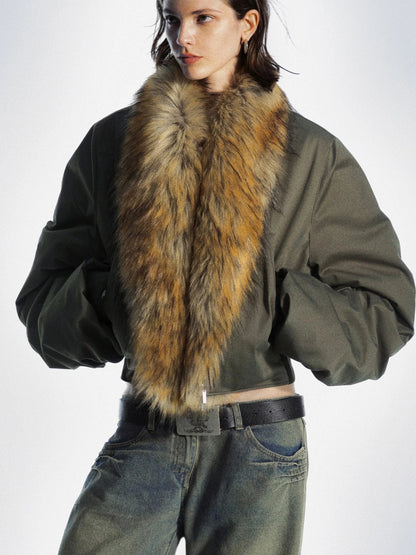 Detachable Fur Collar Pleated Quilted Bomber Jacket