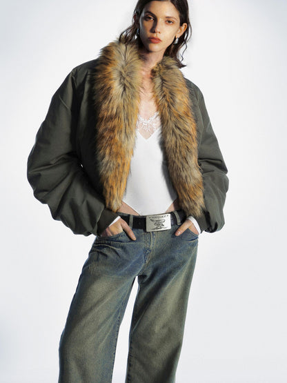 commonce net Detachable Fur Collar Pleated Quilted Bomber Jacket