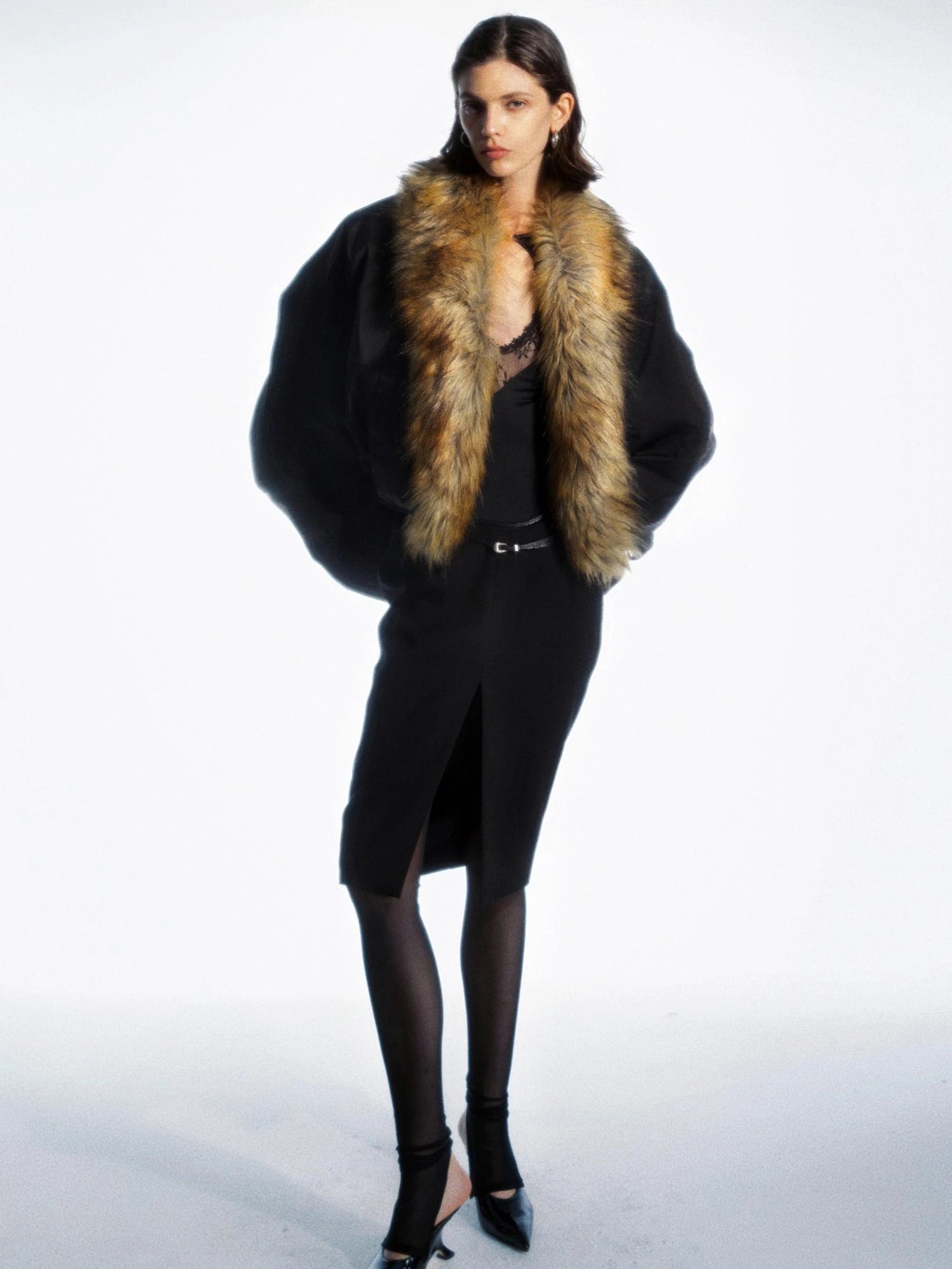 Detachable Fur Collar Pleated Quilted Bomber Jacket