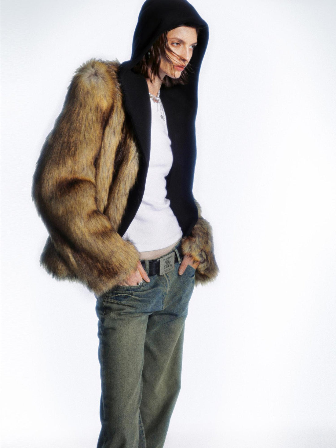 commonce net Detachable Hooded Eco Fur Jacket